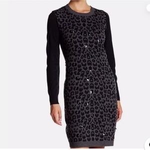Betsey Johnson Long Sleeve Leopard Animal Print Sequined MobWifebMidi Dress Sz L